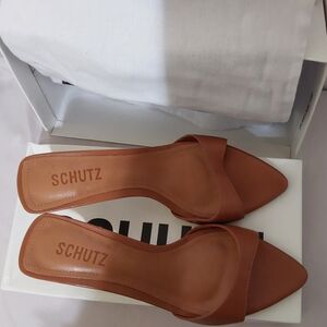 SCHUTZ Cognac Brown Pointed-Toe Slide Mules